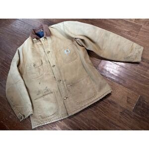 Vintage Carhartt Blanket Lined Duck Canvas Chore Coat Jacket distressed rugged